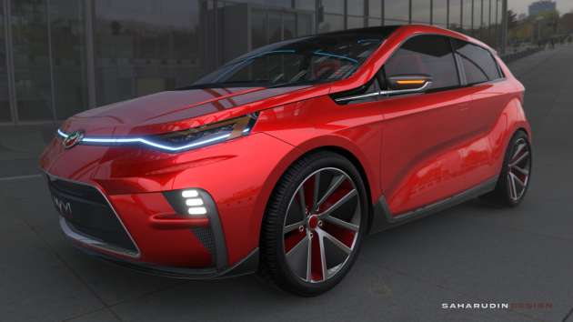 Perodua Myvi G4 concept – racey hatchback with full-width exterior LEDs; rendering by Saharudin Design