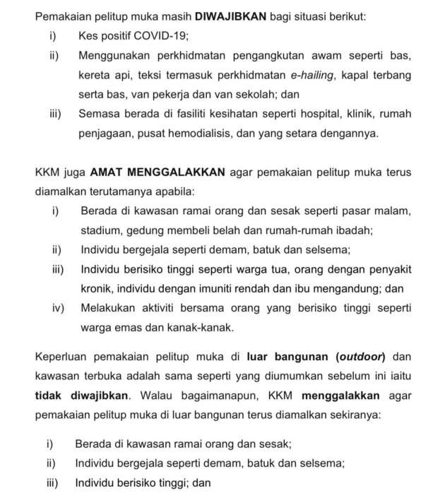 Face masks now optional indoors, but still compulsory when taking public transport and e-hailing rides – KKM