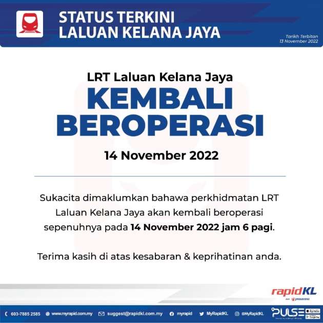 LRT Kelana Jaya Line to reopen fully at 6am, Nov 14 – Prasarana announces seven days of free travel