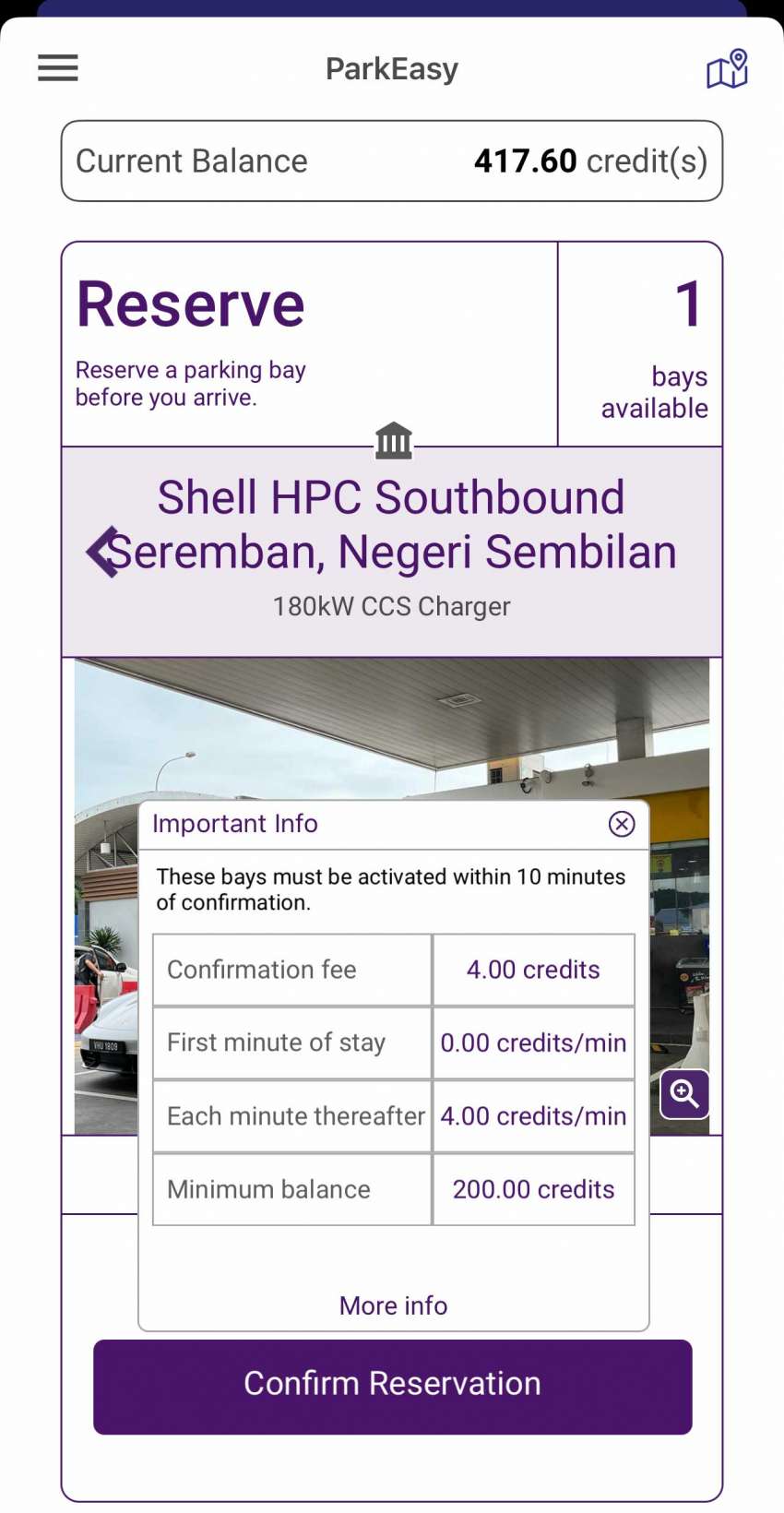 Shell Recharge Seremban south-bound DC charger – RM4 per minute 180 kW CCS2, book via ParkEasy 1536312