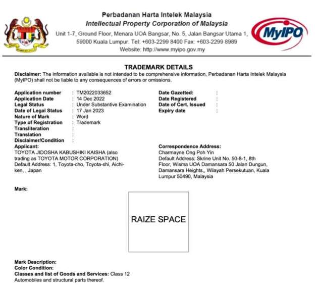 Trademark Toyota Raize Space difail — Ativa 3-baris?