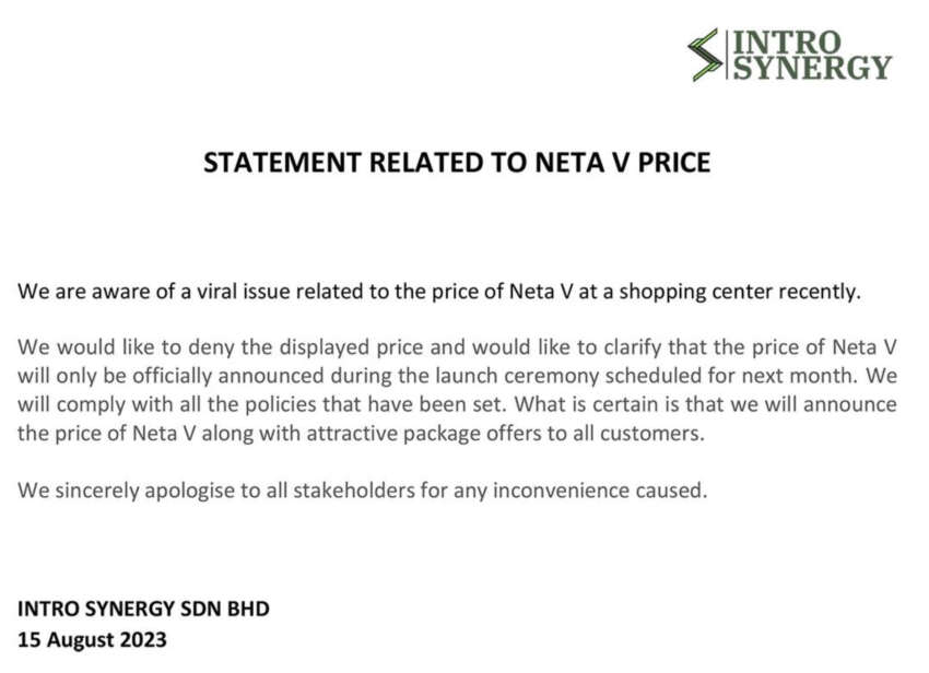 Neta V priced at RM79,800 at mall roadshow but Intro Synergy denies it is accurate, TBC in September 1655032