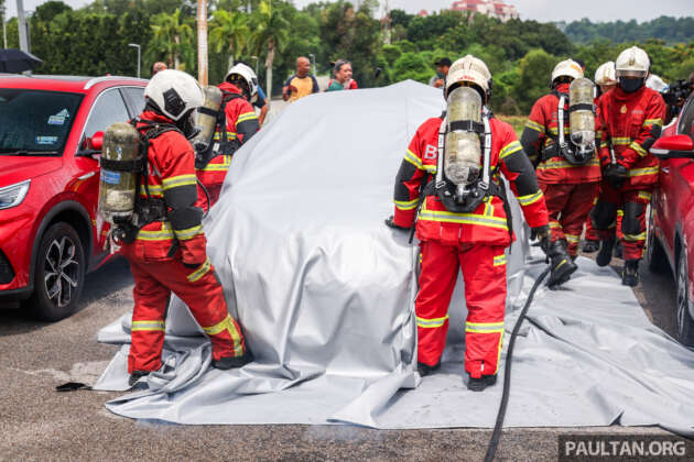 EV fire blanket demonstrated by Fire and Rescue department of Malaysia – suitable for most vehicles