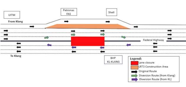 Federal Highway lane closures, traffic diversions in Shah Alam for LRT3 construction – July 5-20 in stages