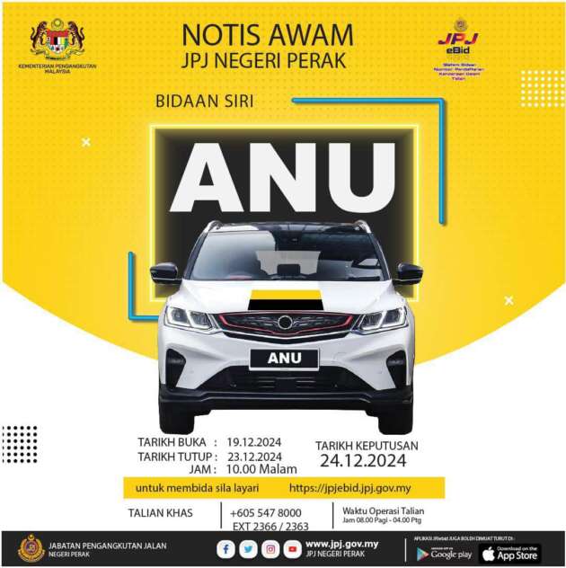 JPJ Perak collects RM2.368 million from ANU plate series bidding – ANU 1 gets highest bid at RM269k
