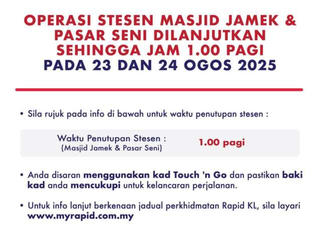 Himpunan Selawat Bersama Gaza – Stesen Pasar Seni, Masjid Jamek beroperasi hingga 1 pagi, 23-24 Ogos
