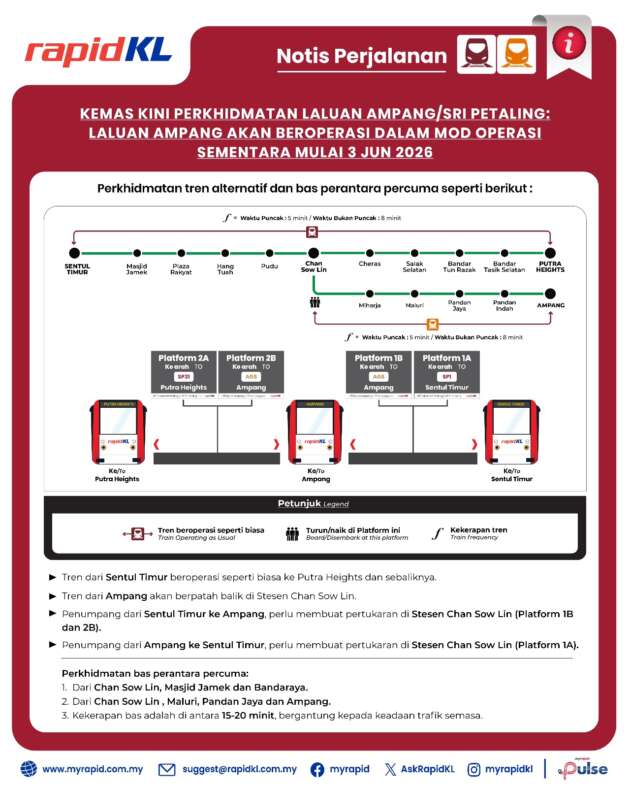 LRT Laluan Ampang/Sri Petaling dalam mod operasi sementara mulai hari ini – kerja baikpulih lancar