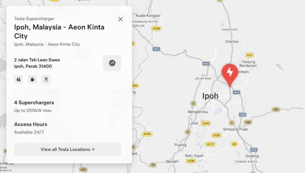 Tesla Supercharger open in Ipoh at Aeon Kinta City – four 250 kW stalls; free charging August 21-23