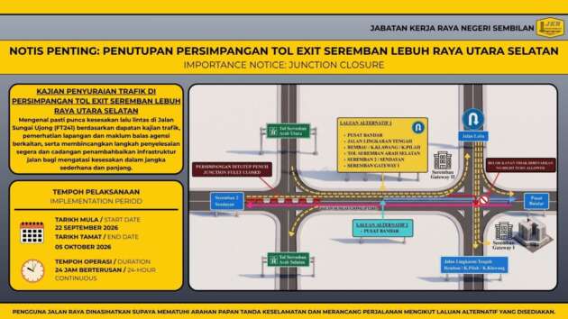 Closure of traffic light junction after PLUS Seremban toll for Jalan Sungai Ujong traffic study – Sept 22 to Oct 5